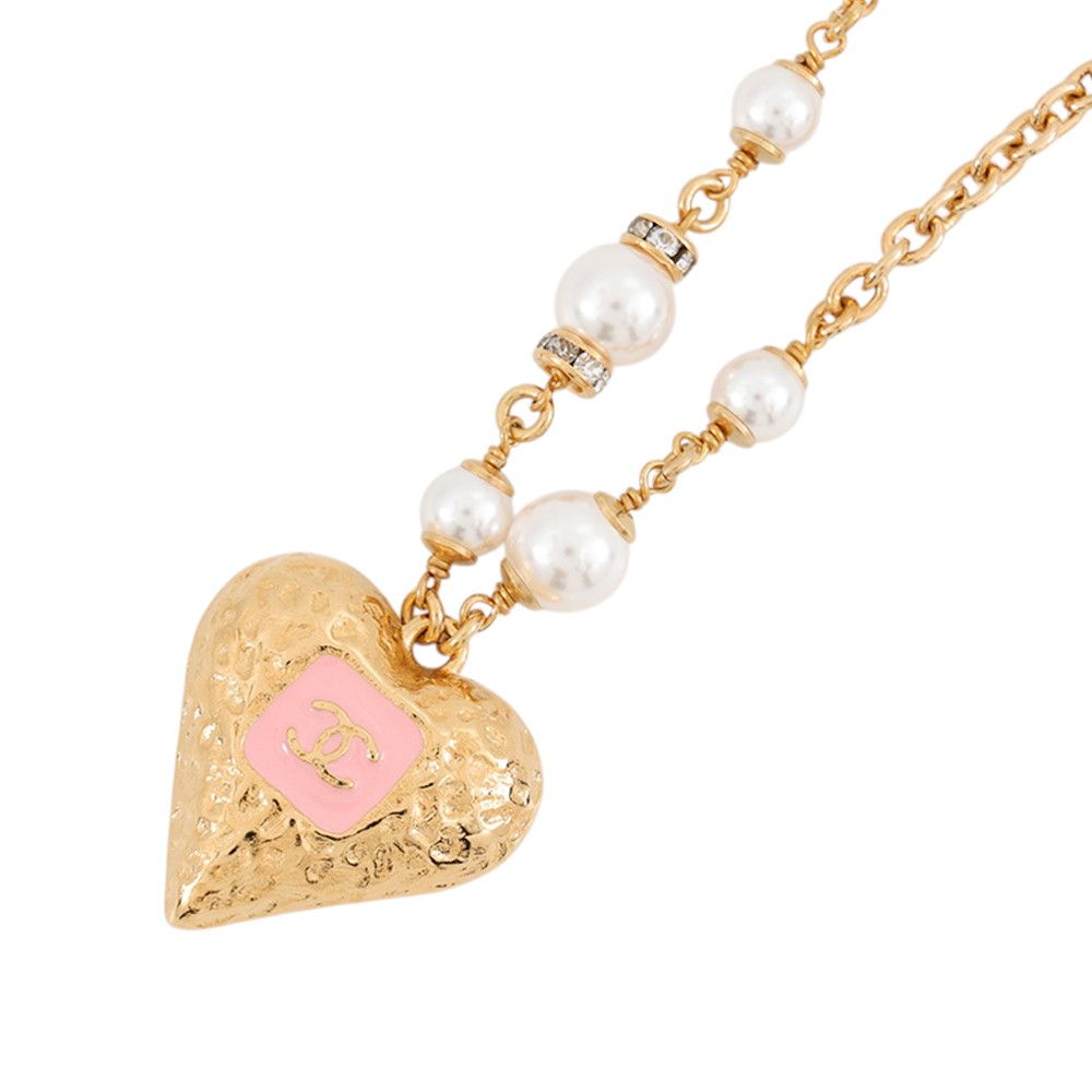 Chanel Necklace CC Logo Heart Faux Pearl Rhinestone