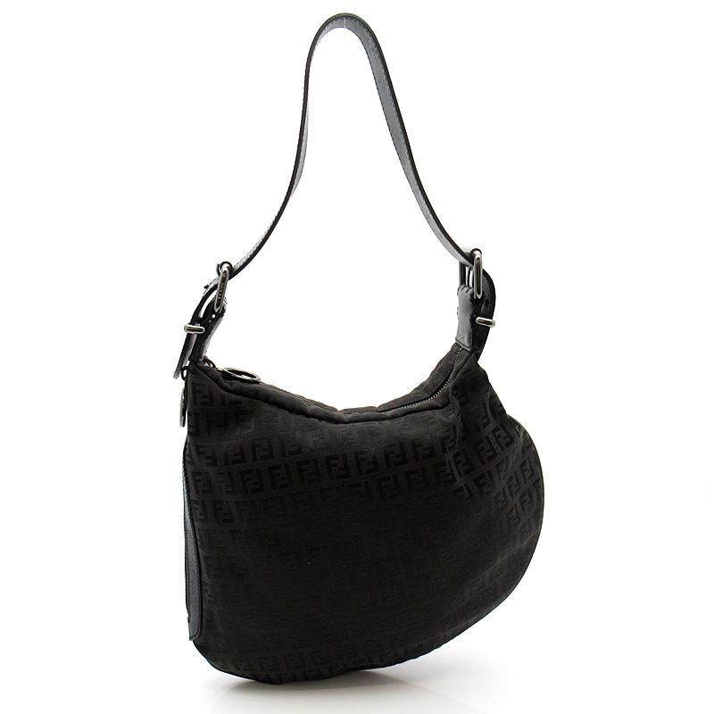 Fendi Zucchino Canvas Leather Shoulder Bag Black