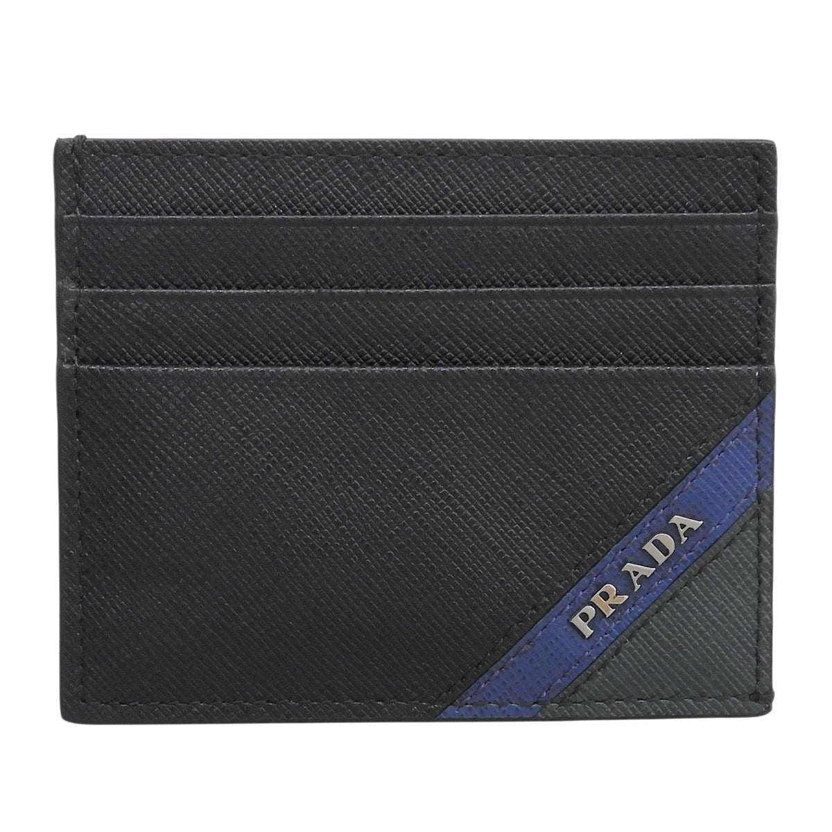 Prada Saffiano Leather Stripe Logo Business Card Case Black