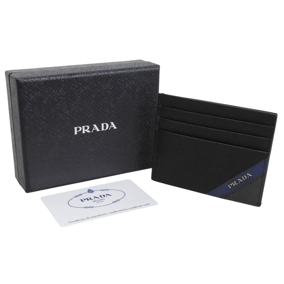 Prada Saffiano Leather Stripe Logo Business Card Case Black — view 2
