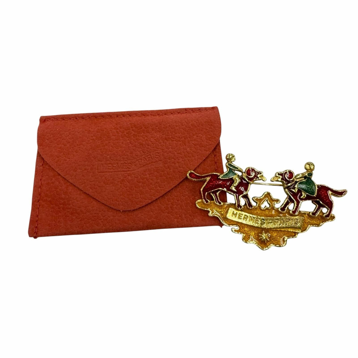 Hermes Vintage Metal Cloisonne Girl and Dog Brooch Gold Red Green — view 2