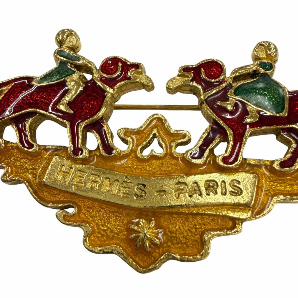 Hermes Vintage Metal Cloisonne Girl and Dog Brooch Gold Red Green — view 6