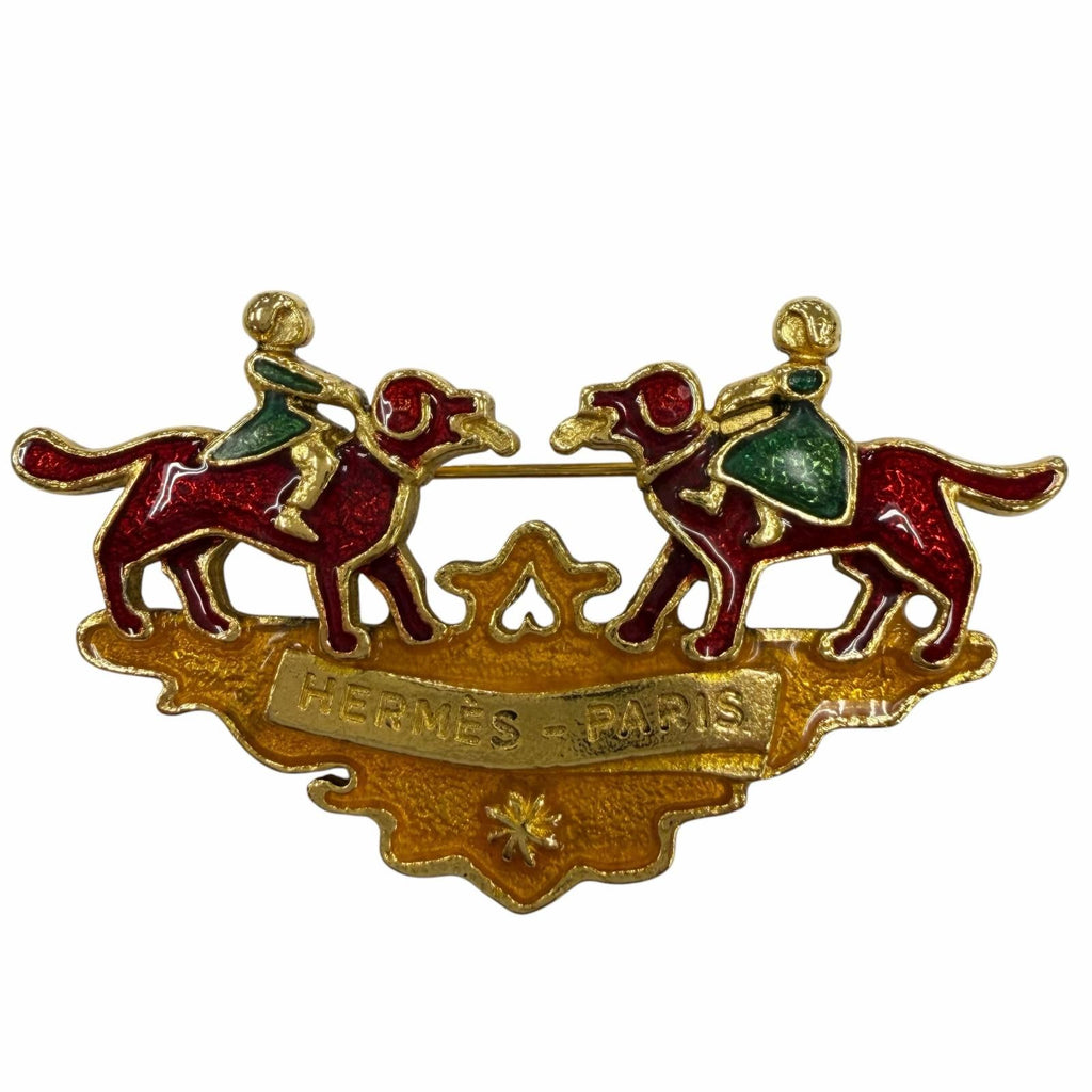 Hermes Vintage Metal Cloisonne Girl and Dog Brooch Gold Red Green