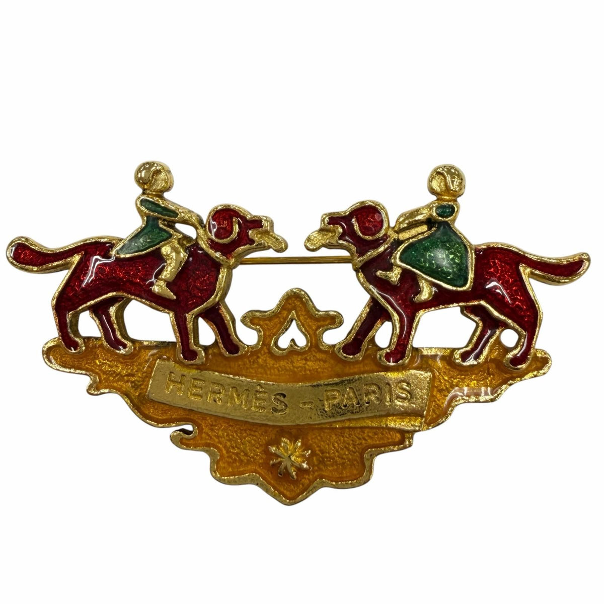 Hermes Vintage Metal Cloisonne Girl and Dog Brooch Gold Red Green