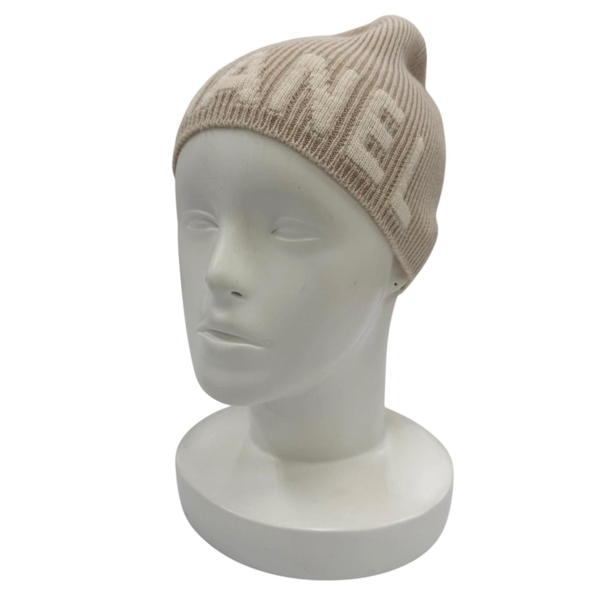 Chanel Cashmere 100% Logo Ribbed Knit Cap Beanie Beige Hat