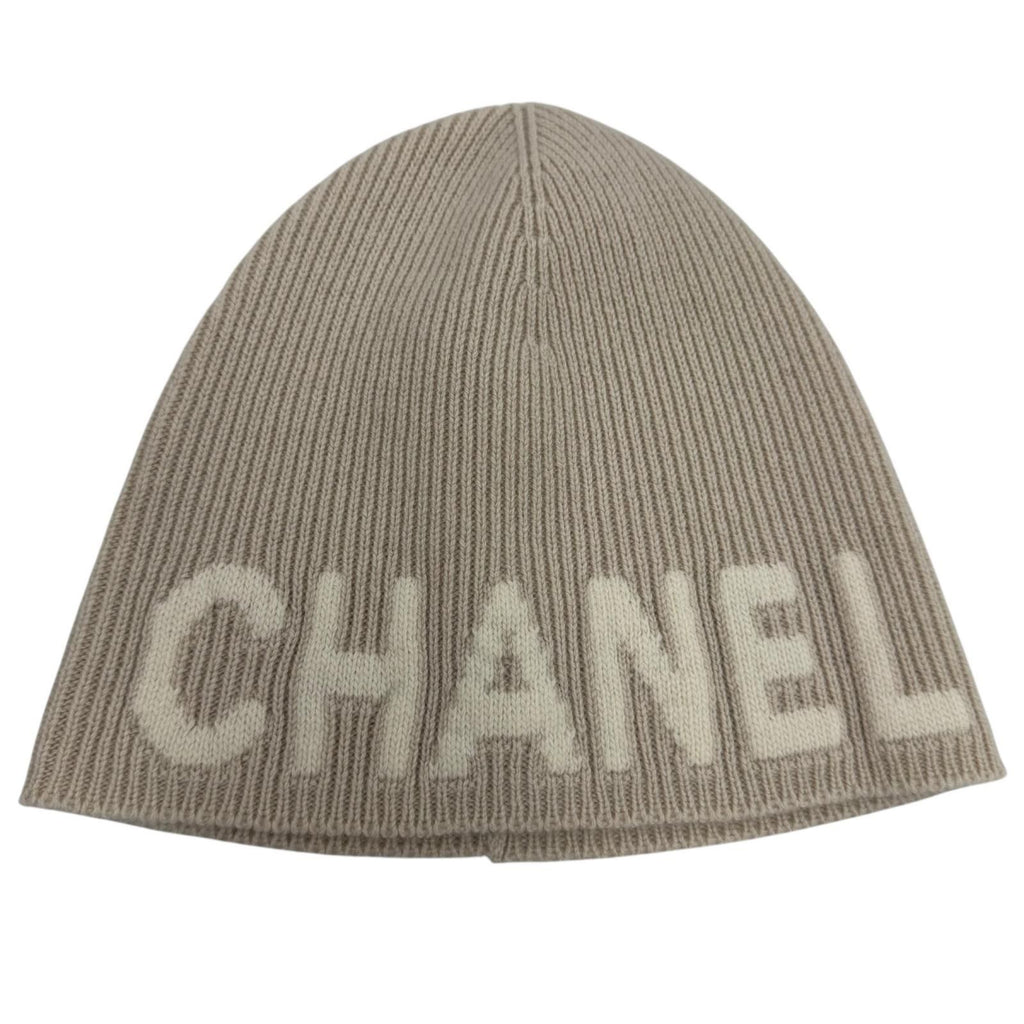 Chanel Cashmere 100% Logo Ribbed Knit Cap Beanie Beige Hat — view 6