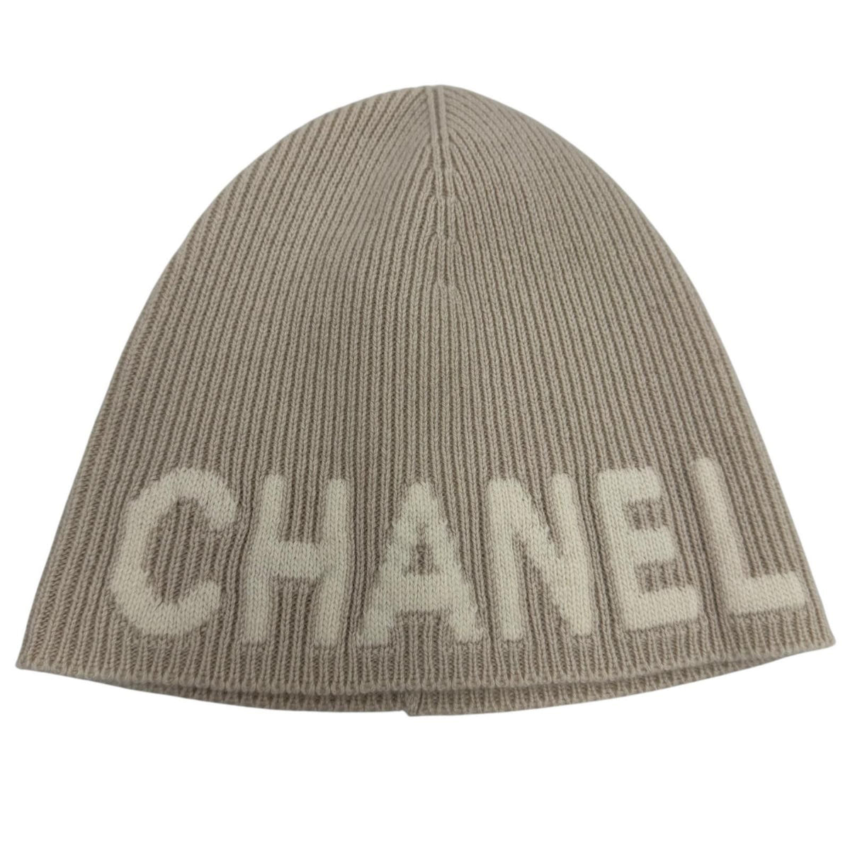 Chanel Cashmere 100% Logo Ribbed Knit Cap Beanie Beige Hat — view 6
