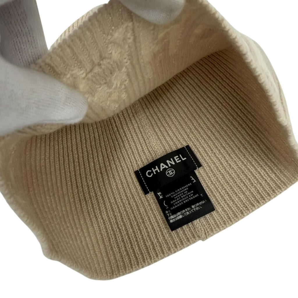 Chanel Cashmere 100% Logo Ribbed Knit Cap Beanie Beige Hat — view 5