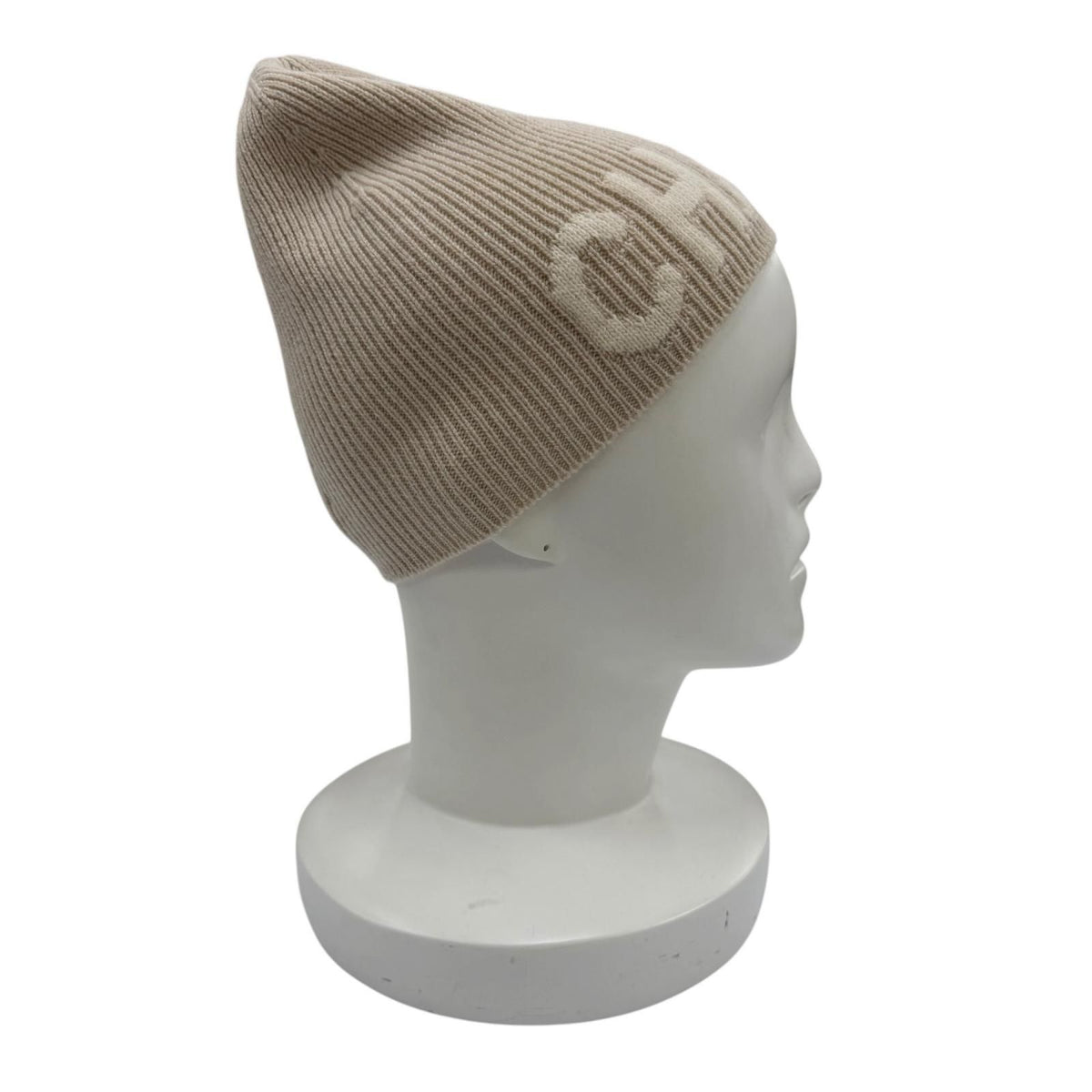 Chanel Cashmere 100% Logo Ribbed Knit Cap Beanie Beige Hat — view 4