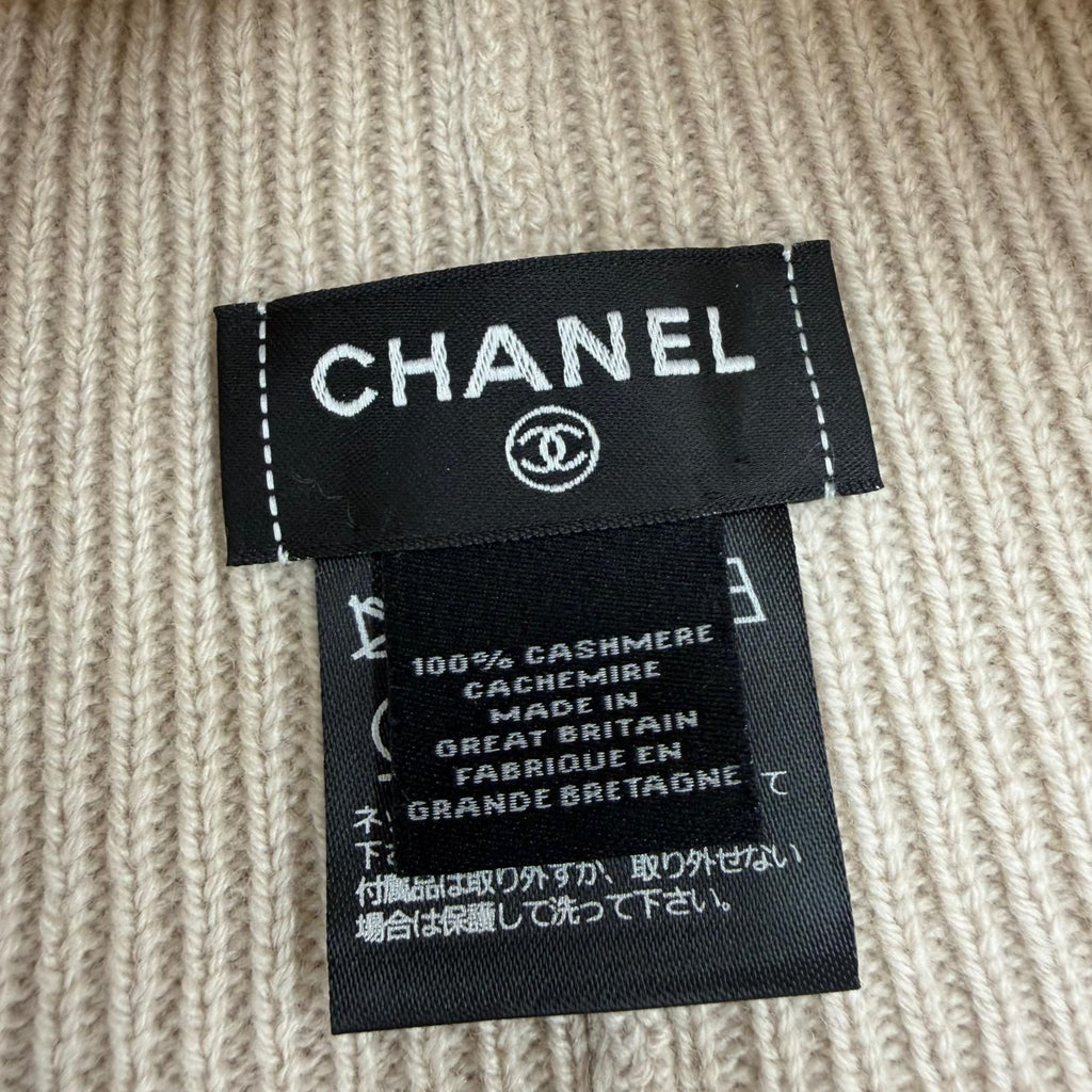 Chanel Cashmere 100% Logo Ribbed Knit Cap Beanie Beige Hat — view 7
