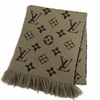 Louis Vuitton Logomania Scarf Wool Silk Fringe Greige