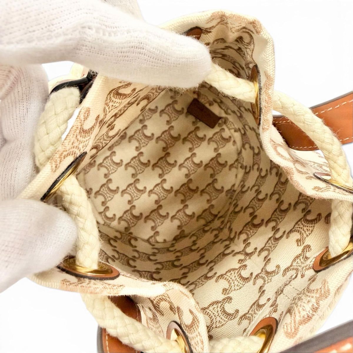 Celine Teen Canvas Leather Triomphe Drawstring Handbag Brown Beige — view 6