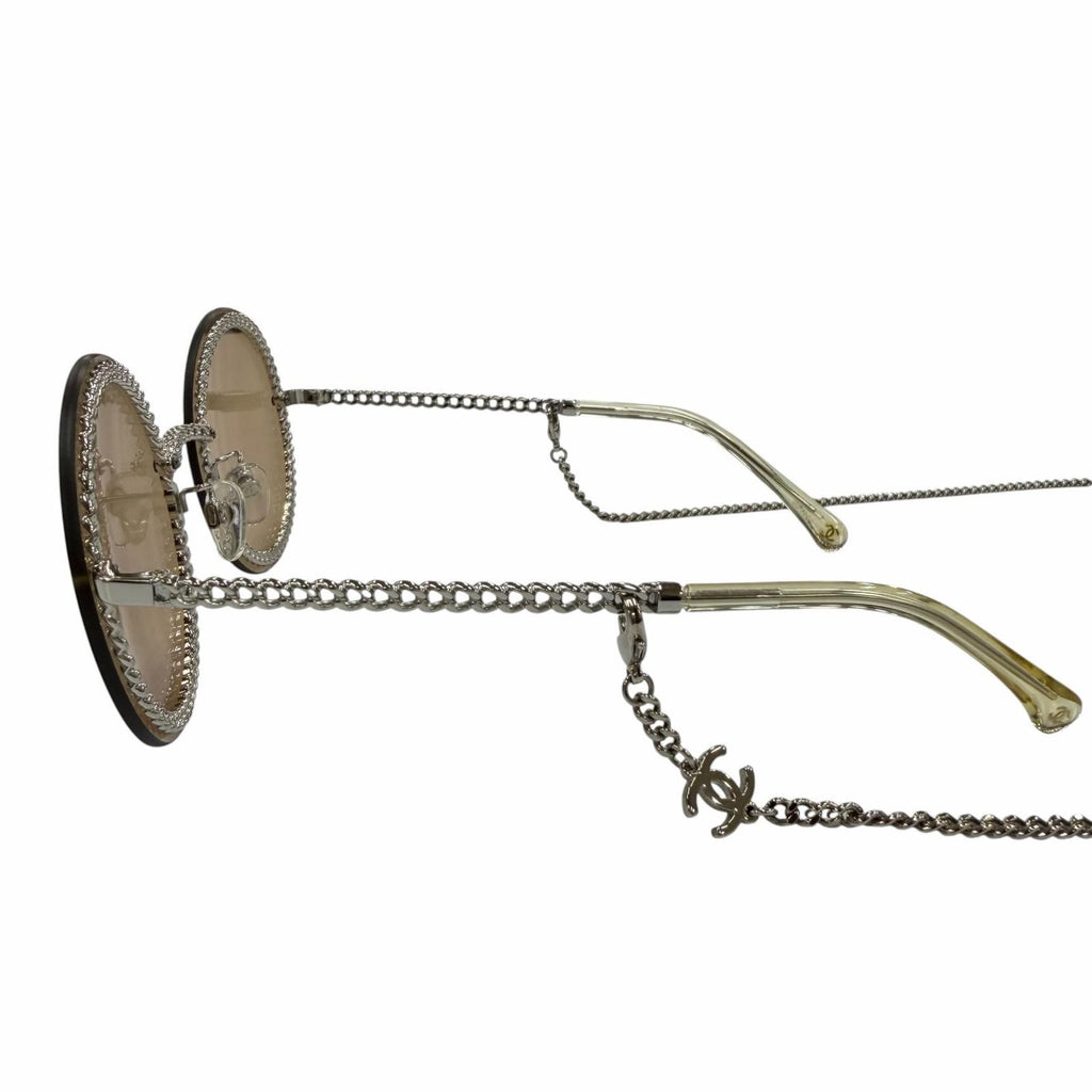 Chanel CC Logo Round Chain Glass Cord Sunglasses Silver Brown Demo Lens Eyewear — view 5