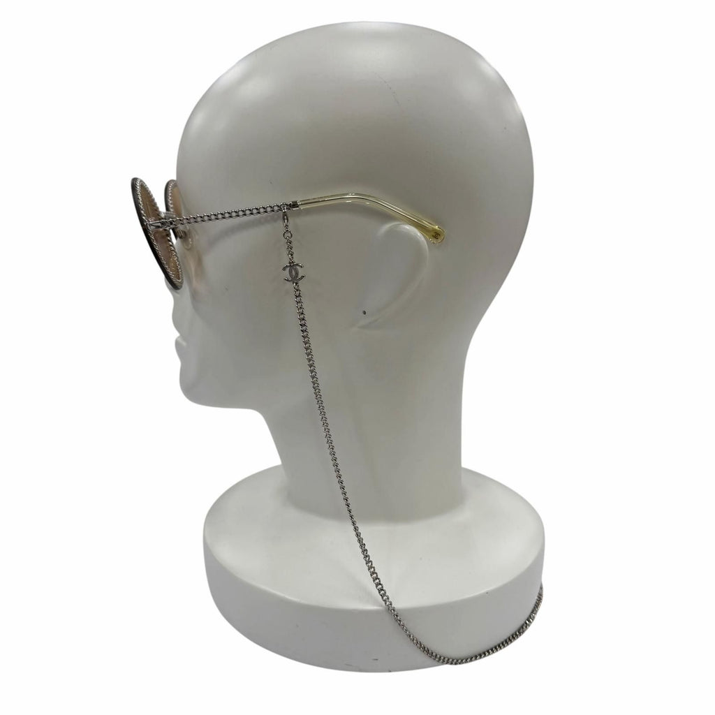 Chanel CC Logo Round Chain Glass Cord Sunglasses Silver Brown Demo Lens Eyewear — view 4