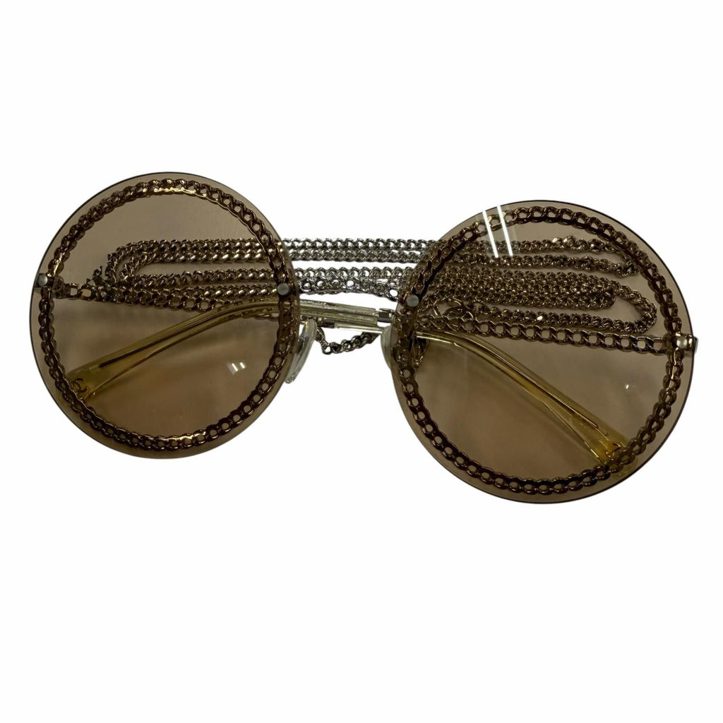 Chanel CC Logo Round Chain Glass Cord Sunglasses Silver Brown Demo Lens Eyewear