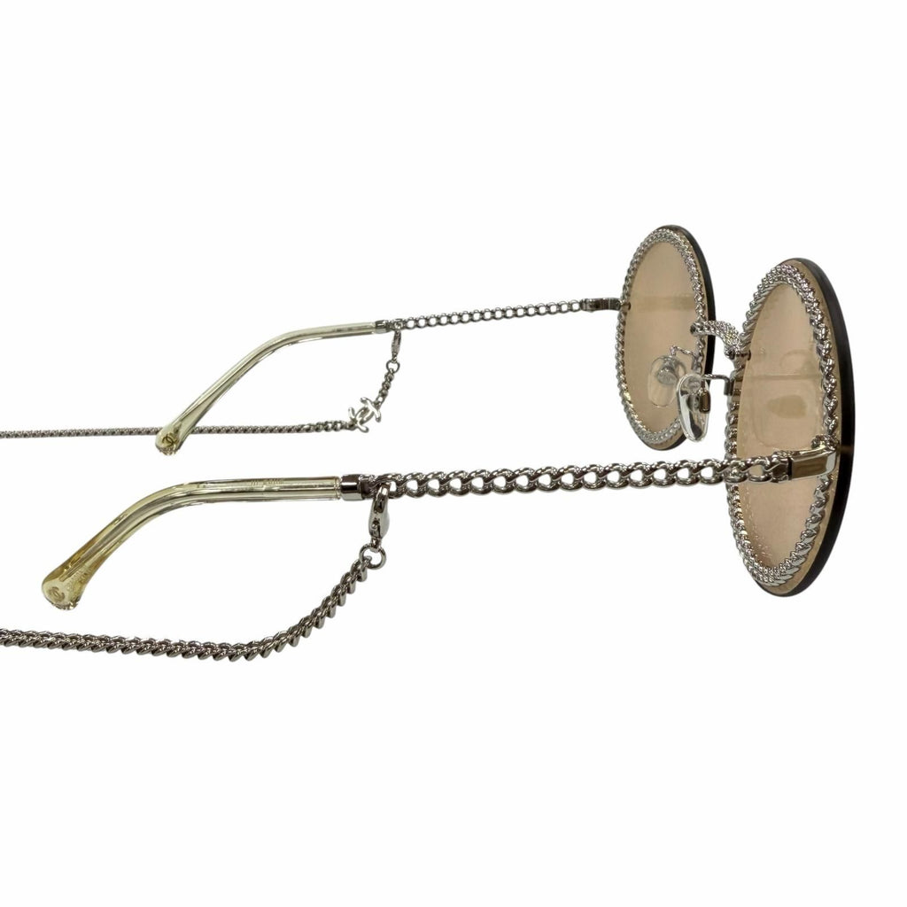 Chanel CC Logo Round Chain Glass Cord Sunglasses Silver Brown Demo Lens Eyewear — view 6