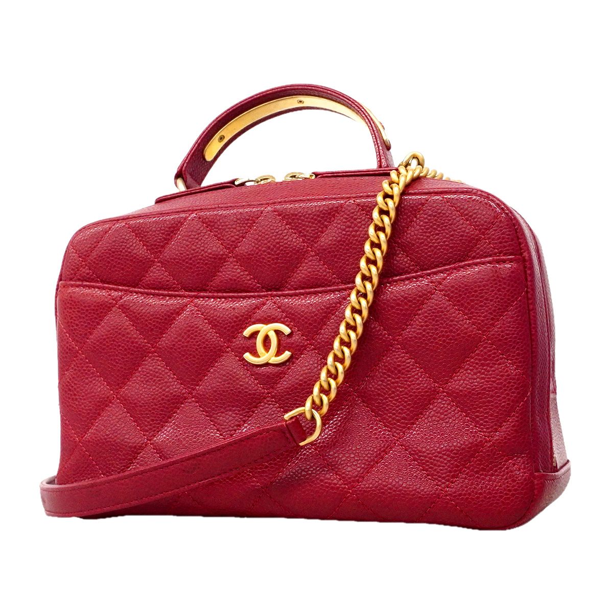 Chanel Handbag Quilted Caviar Leather Red Gold 2-Way Back