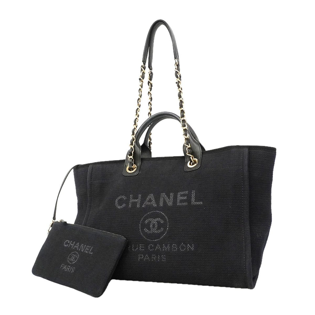 Chanel Chain Tote Bag Deauville Canvas Black Champagne Gold 2-Way Back