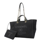 Chanel Chain Tote Bag Deauville Canvas Black Champagne Gold 2-Way Back