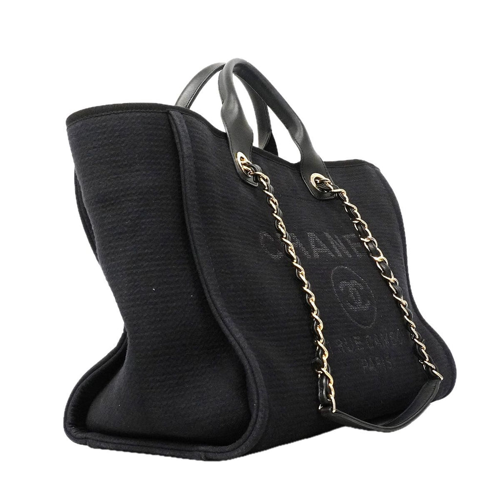 Chanel Chain Tote Bag Deauville Canvas Black Champagne Gold 2-Way Back — view 2