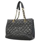 Chanel Chain Tote Bag Quilted Caviar Leather Black Gold
