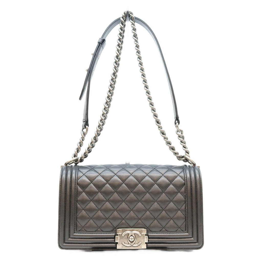 Chanel Black Caviar Silver Boy 25 Medium Chain Shoulder Bag