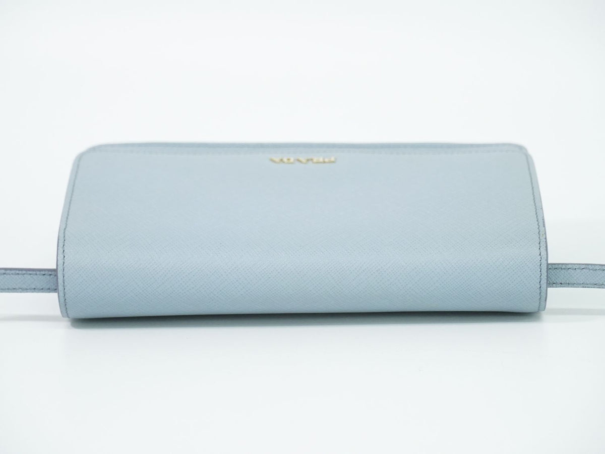 Prada Leather 2-Way Wallet on Chain Clutch Pochette Light Blue — view 5