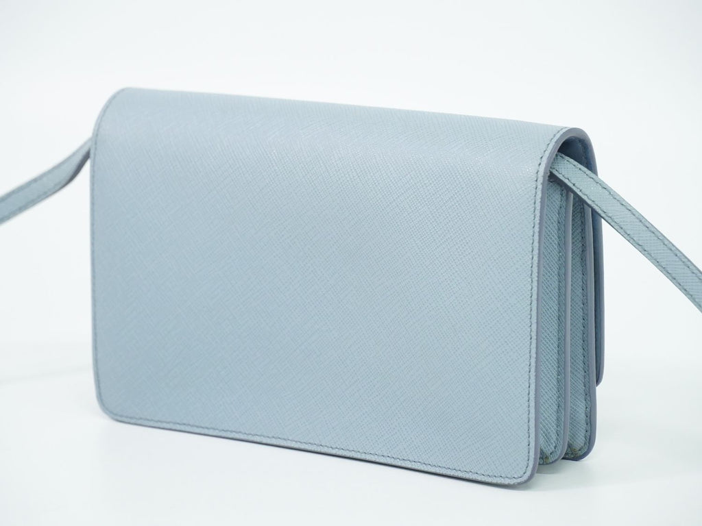 Prada Leather 2-Way Wallet on Chain Clutch Pochette Light Blue — view 2