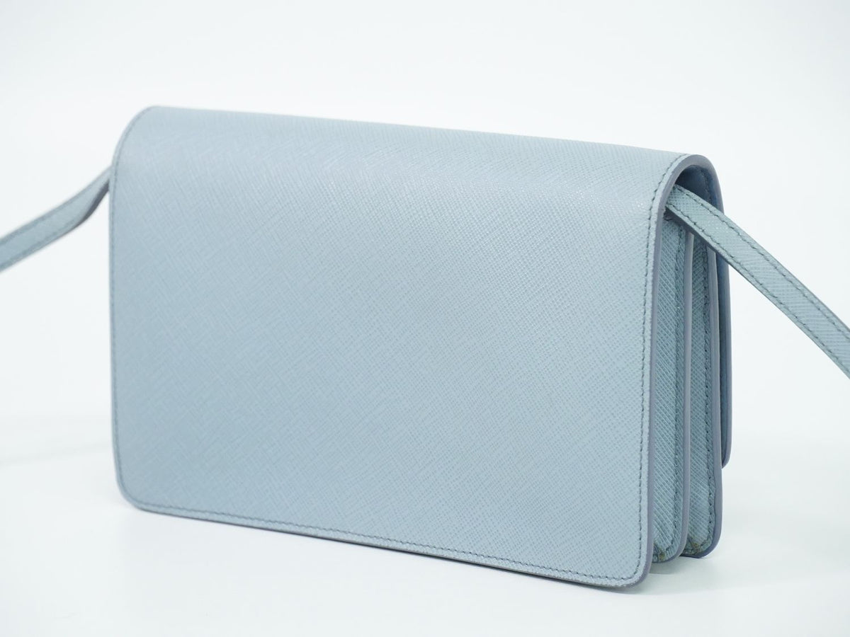 Prada Leather 2-Way Wallet on Chain Clutch Pochette Light Blue — view 2