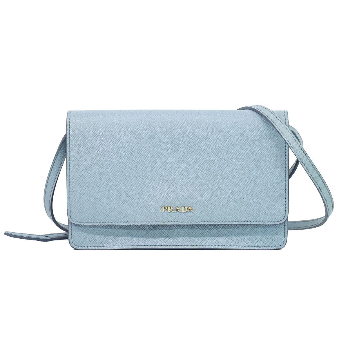 Prada Leather 2-Way Wallet on Chain Clutch Pochette Light Blue
