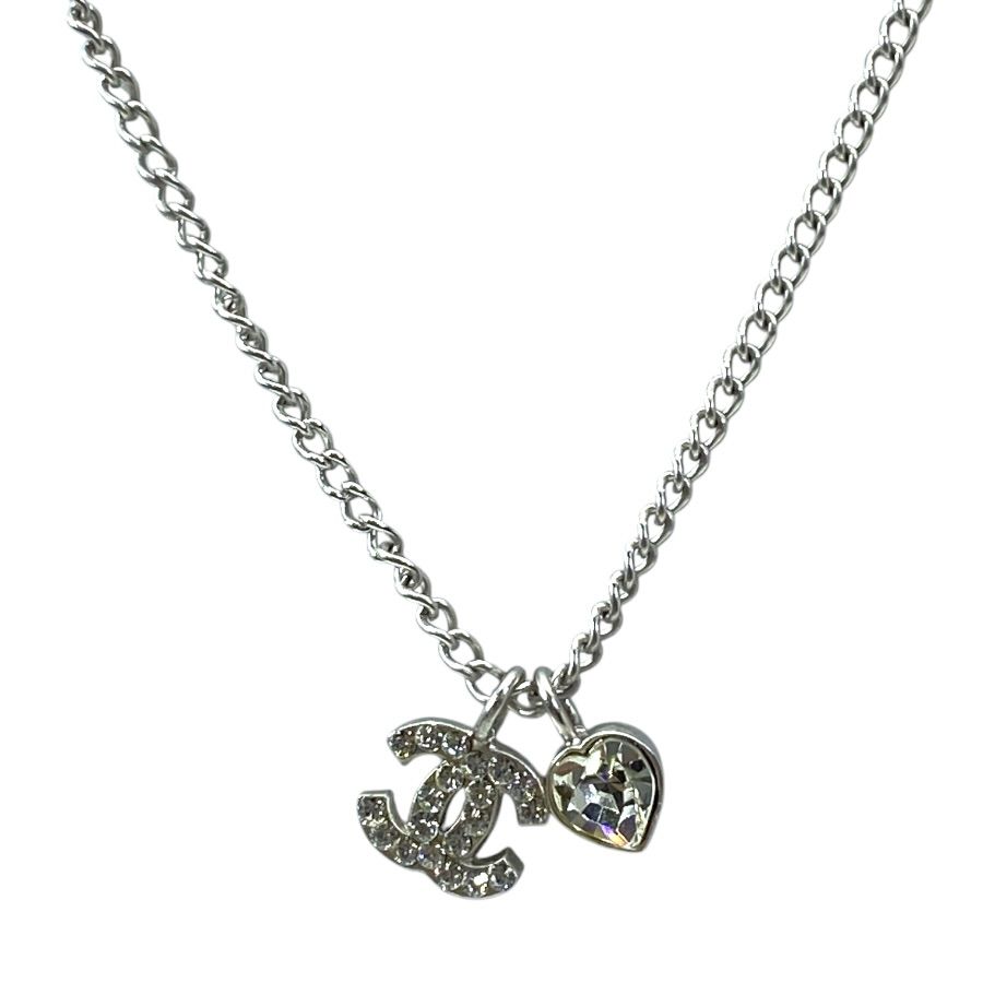 Chanel 07P Pendant CC Logo Heart Metal Rhinestone Silver