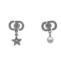 Dior Earrings Petit CD Lucky Charms Silver Metal Rhinestone Faux Pearl