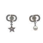 Dior Earrings Petit CD Lucky Charms Silver Metal Rhinestone Faux Pearl