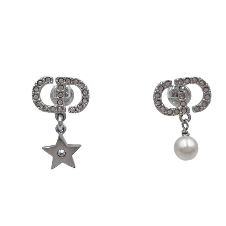 Dior Earrings Petit CD Lucky Charms Silver Metal Rhinestone Faux Pearl