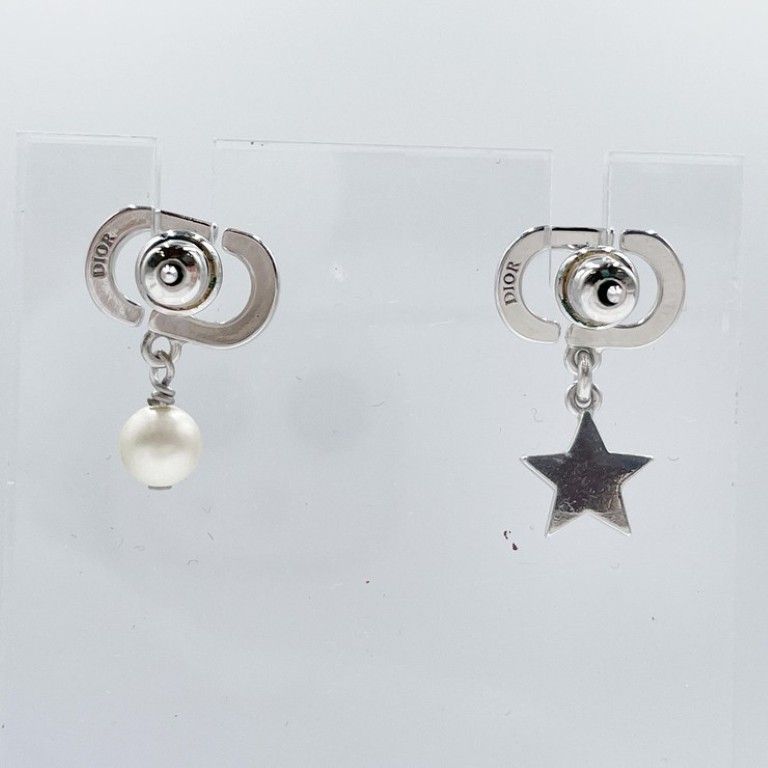 Dior Earrings Petit CD Lucky Charms Silver Metal Rhinestone Faux Pearl — view 3