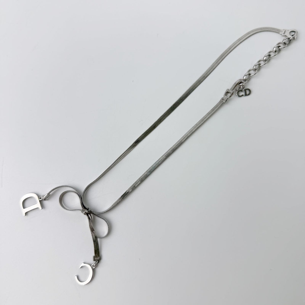 Dior Y2k CD Ribbon Double Chain Necklace Plated Silver Vintage — view 3