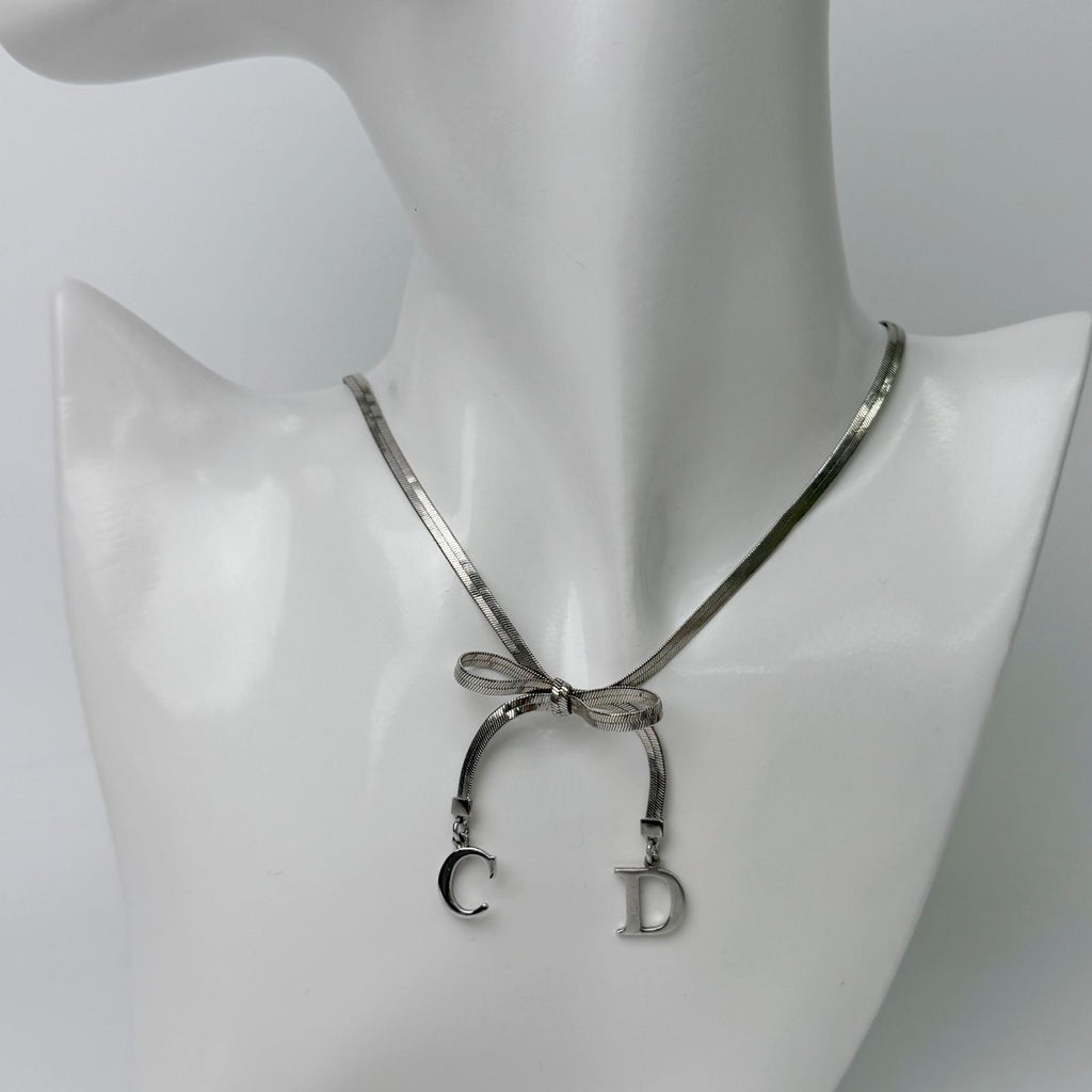 Dior Y2k CD Ribbon Double Chain Necklace Plated Silver Vintage
