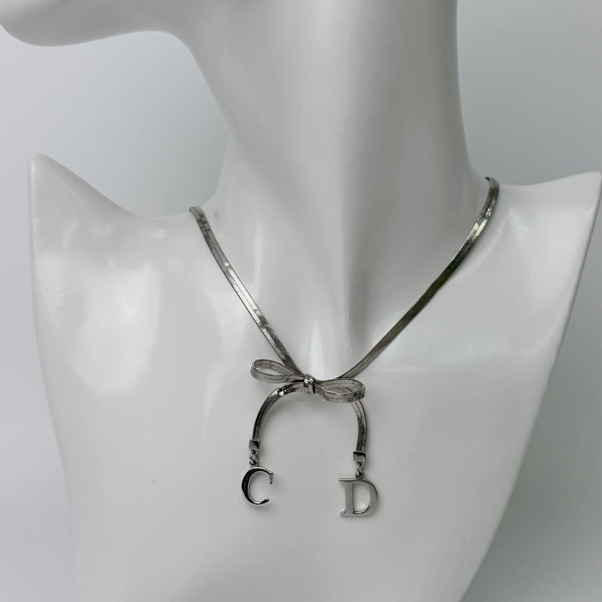 Dior Y2k CD Ribbon Double Chain Necklace Plated Silver Vintage