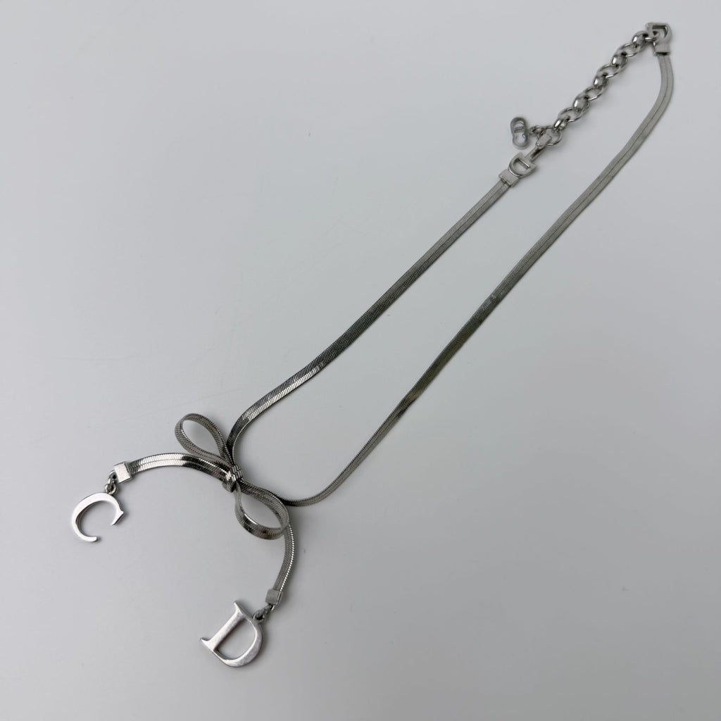Dior Y2k CD Ribbon Double Chain Necklace Plated Silver Vintage — view 2