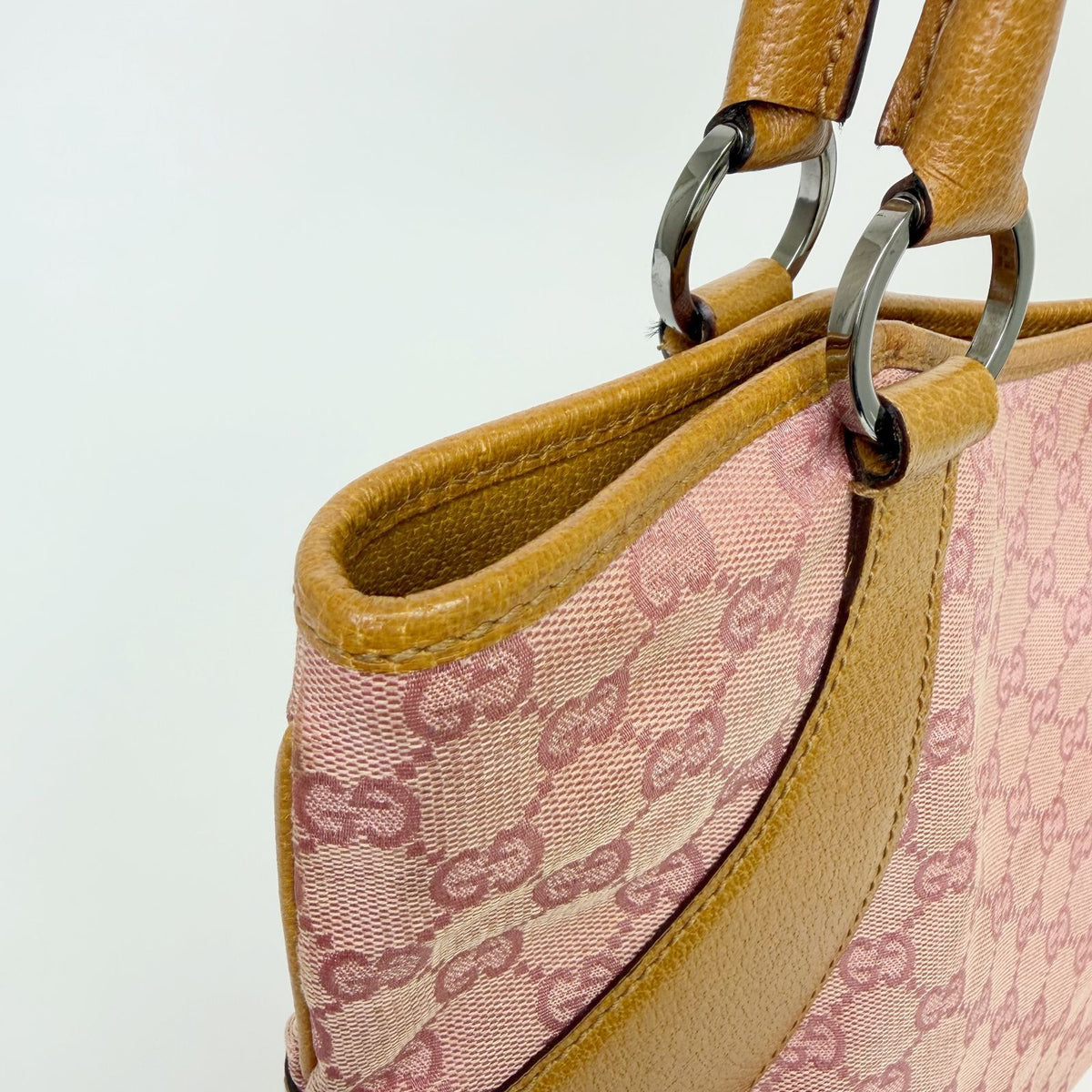 Gucci Tote Shoulder Bag Canvas Leather Pink Beige Silver Vintage — view 6