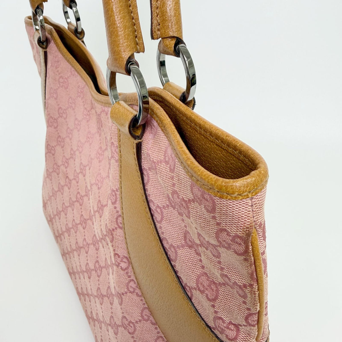 Gucci Tote Shoulder Bag Canvas Leather Pink Beige Silver Vintage — view 8