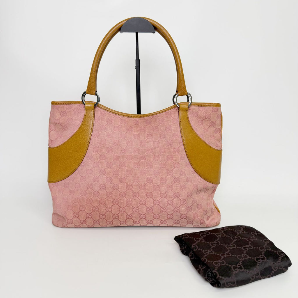 Gucci Tote Shoulder Bag Canvas Leather Pink Beige Silver Vintage — view 2
