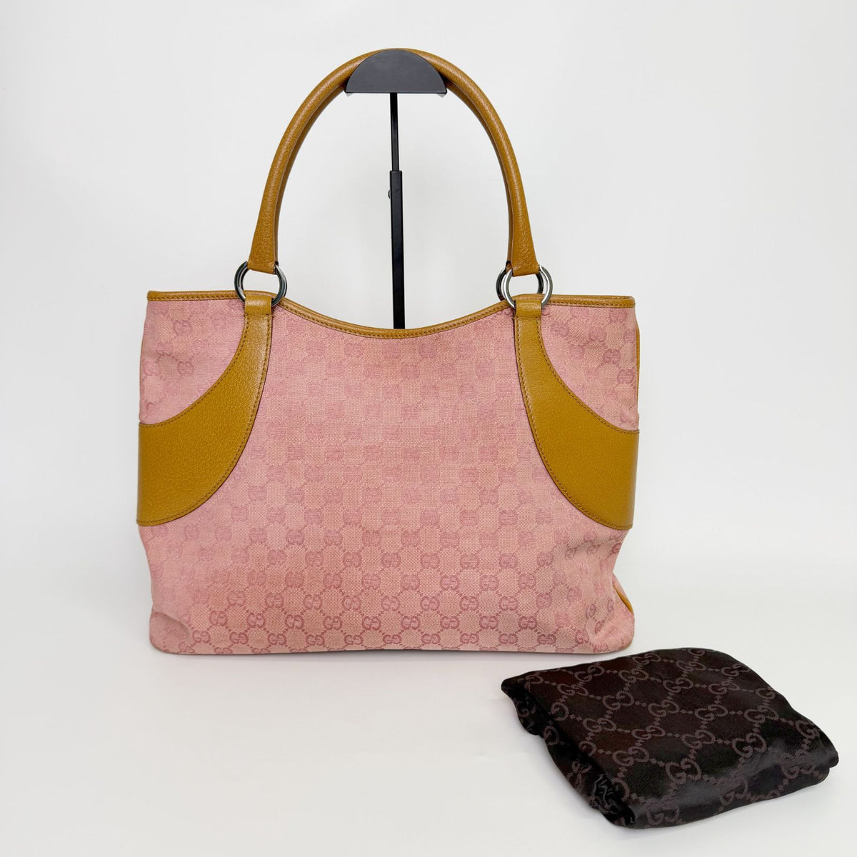 Gucci Tote Shoulder Bag Canvas Leather Pink Beige Silver Vintage — view 2