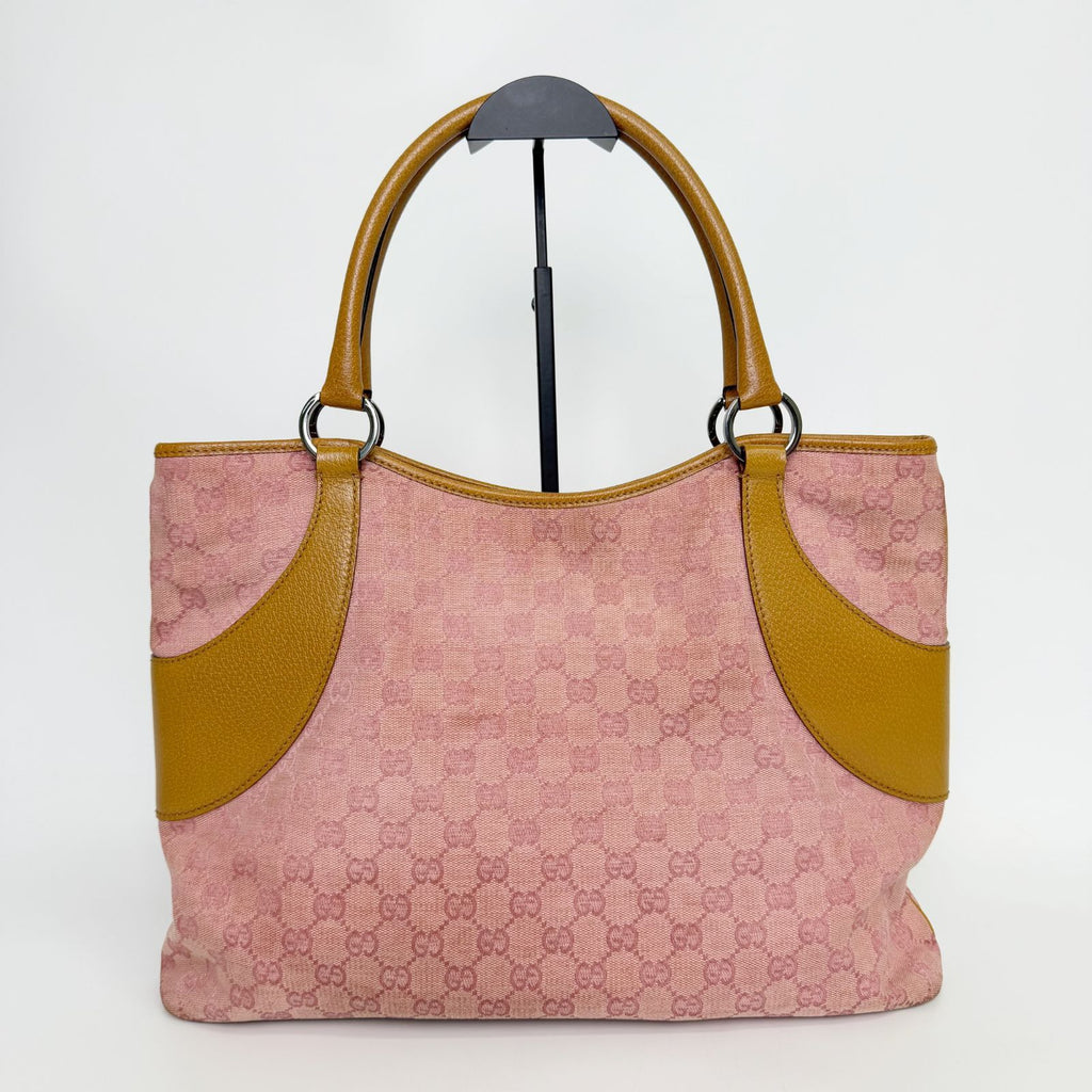 Gucci Tote Shoulder Bag Canvas Leather Pink Beige Silver Vintage — view 4