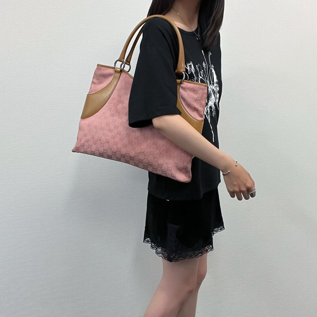 Gucci Tote Shoulder Bag Canvas Leather Pink Beige Silver Vintage