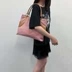 Gucci Tote Shoulder Bag Canvas Leather Pink Beige Silver Vintage