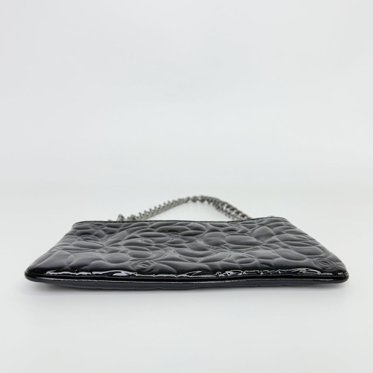 Chanel Camellia Patent Chain Pochette Shoulder Bag Clutch Black Silver Seal — view 8