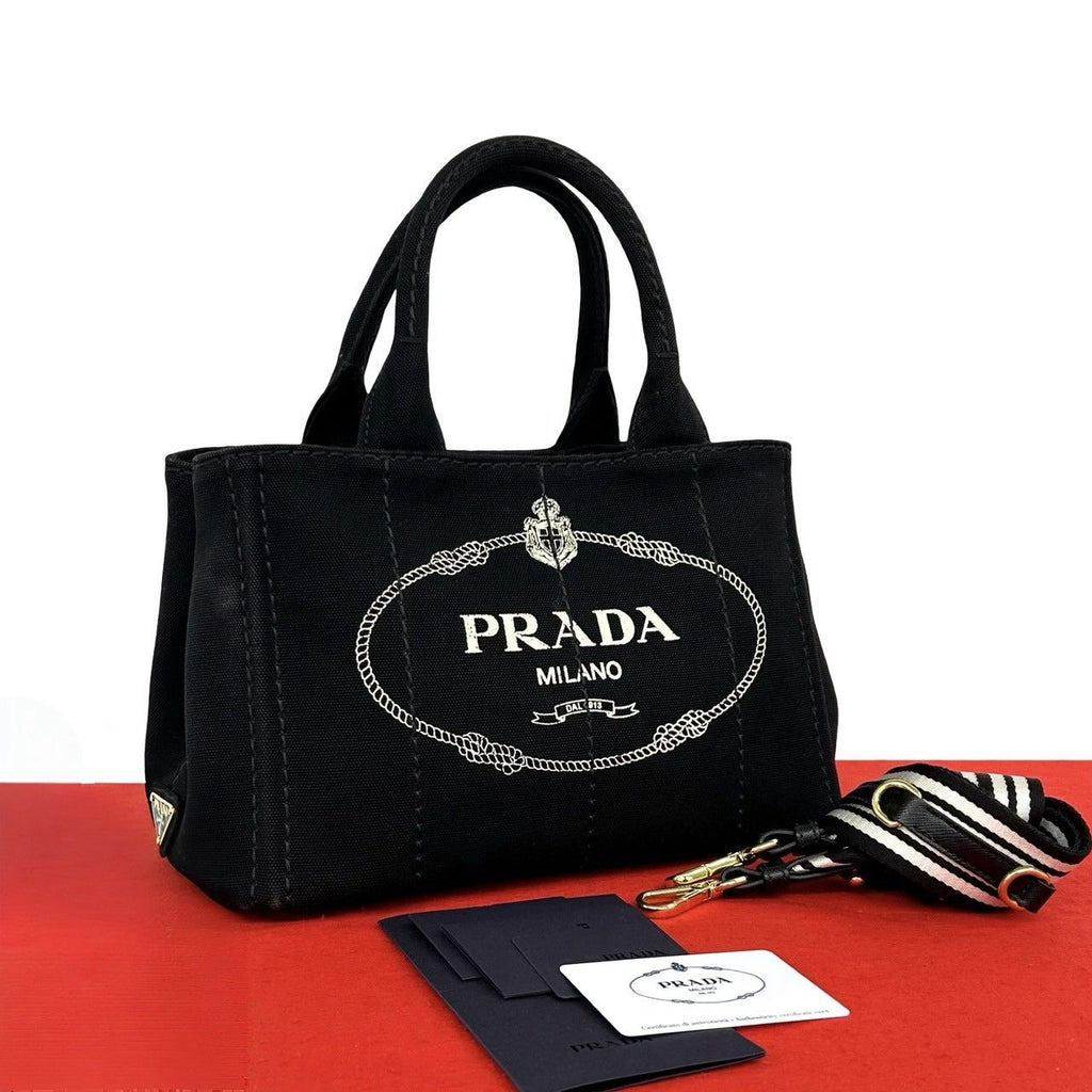 Prada Canapa Triangle Logo Canvas 2-Way Shoulder Bag Mini Tote Black