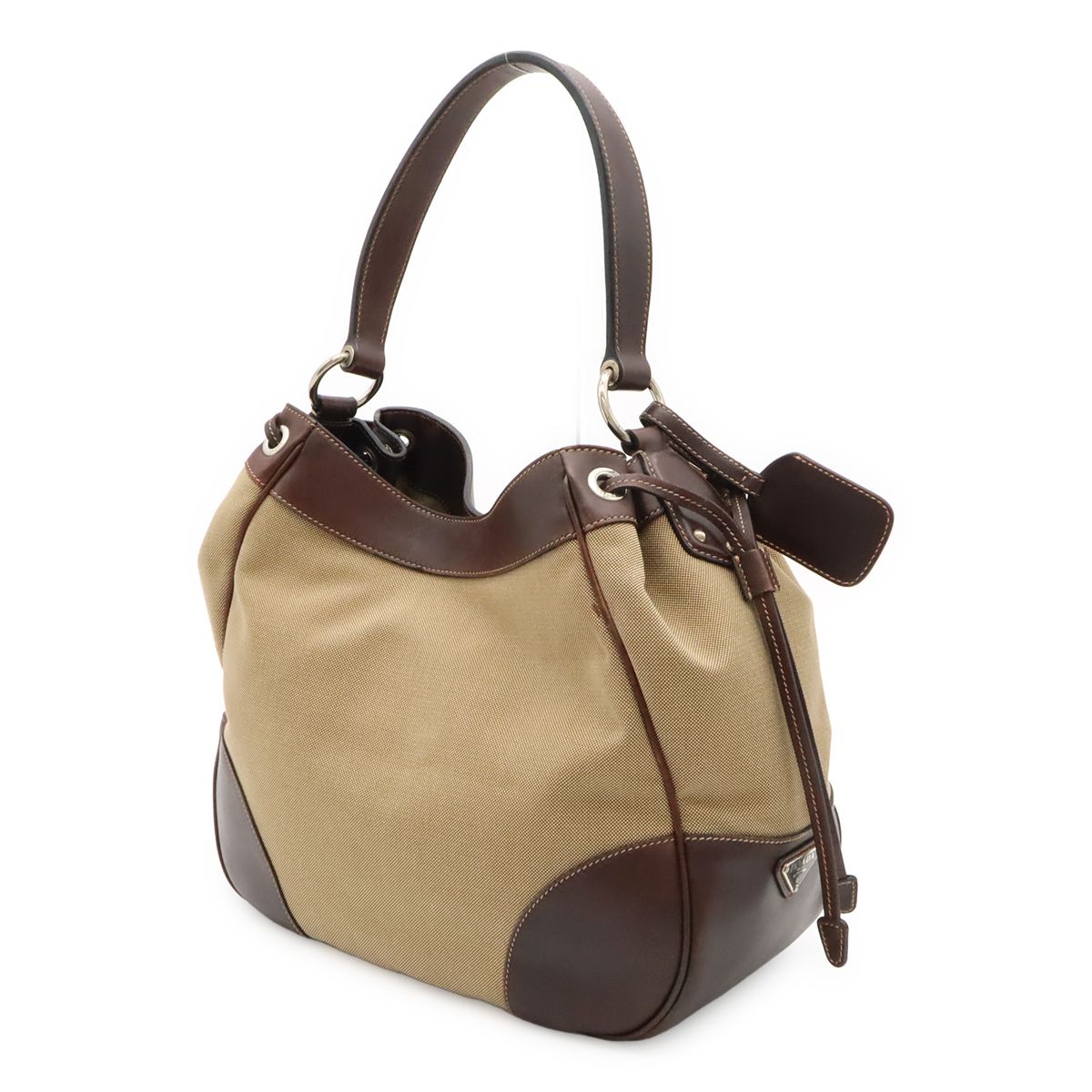 Prada Logo Jacquard Shoulder Bag Drawstring Canvas Leather Khaki Beige Dark — view 2