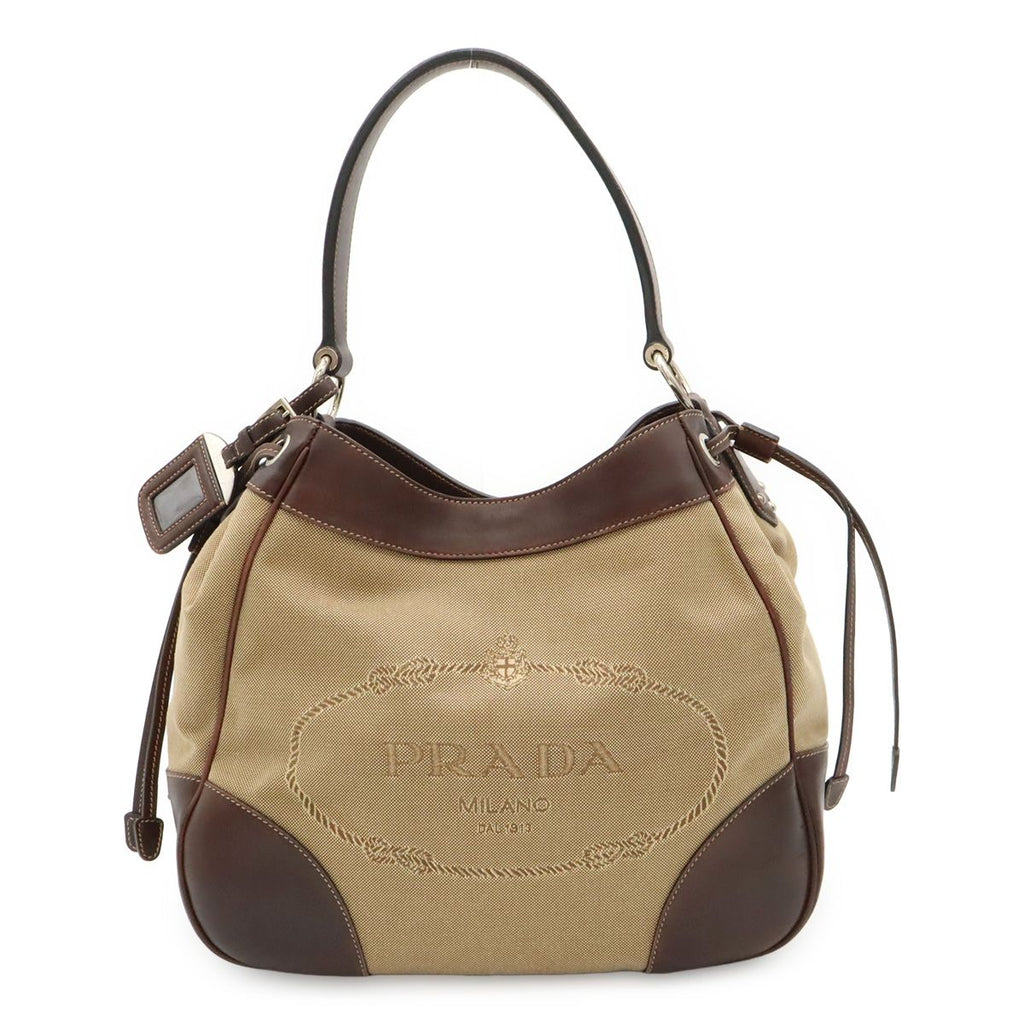 Prada Logo Jacquard Shoulder Bag Drawstring Canvas Leather Khaki Beige Dark